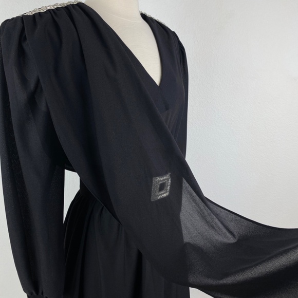 Vintage 80s Black Cocktail Dress Large Silver Beaded Drape Front Evening Formal - Picture 13 of 15